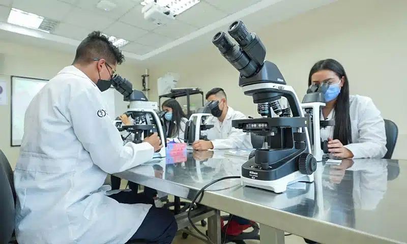 Estudiantes Universidad Indoamérica investigan en microscopio.